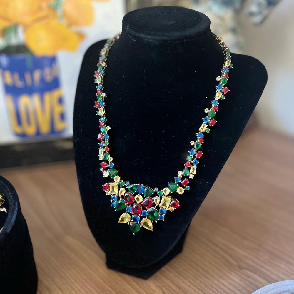 925 vermeil multicolor stone statement necklace vintage unique clasp 17”